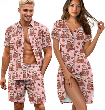 His and Her Pajamas for Couples Set Plus Size Button Down Pjs Nightgown Sleepwear Lounge Sets