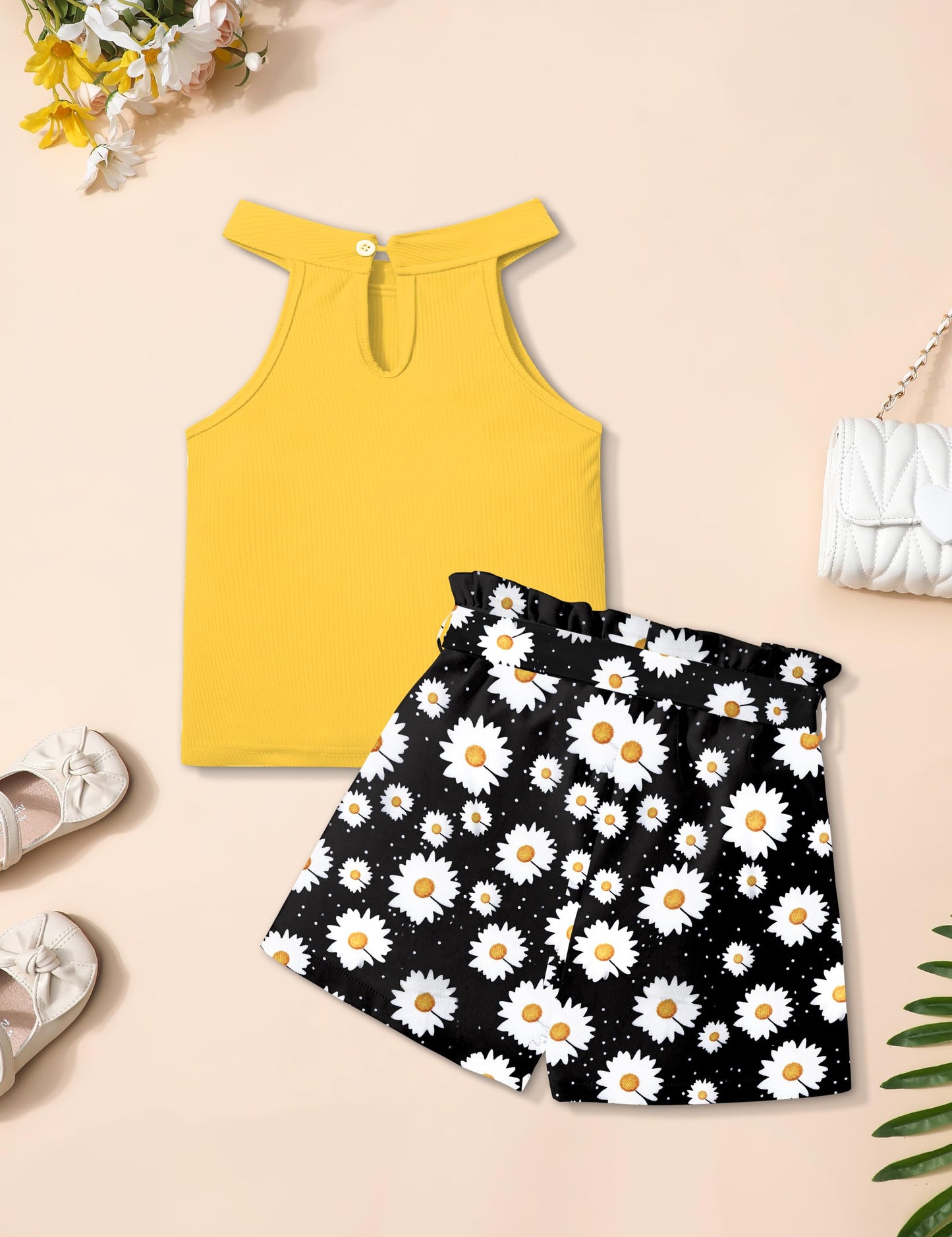 MIGU Girls Clothes Summer Halter Neck Ruffle Sleeveless Top Fashion Cute Floral Belt Shorts Two Piece Outfit Set Size 6-12