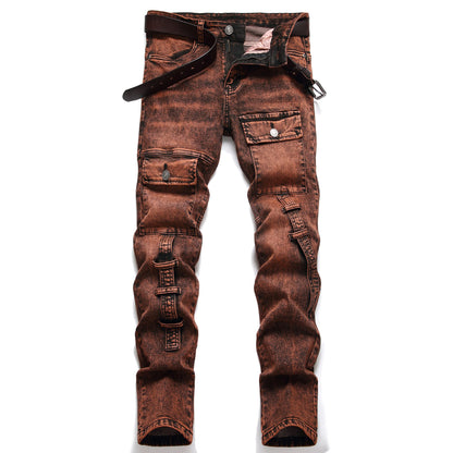 XIMXIMMTIAN Men's Biker Moto Washed Distressed Slim Fit Straight Jeans Denim