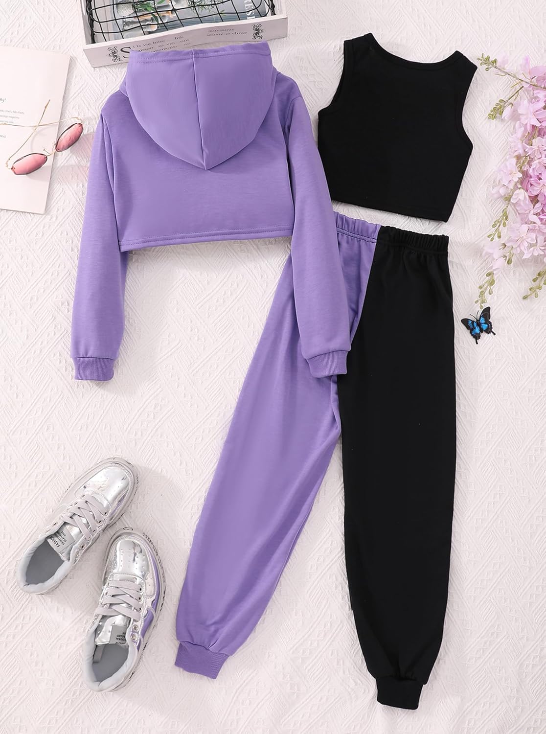 Hilinker Girls Graphic 3 Piece Outfits Workout Crop Hoodie Ribbed Tank and Sweatpants Set