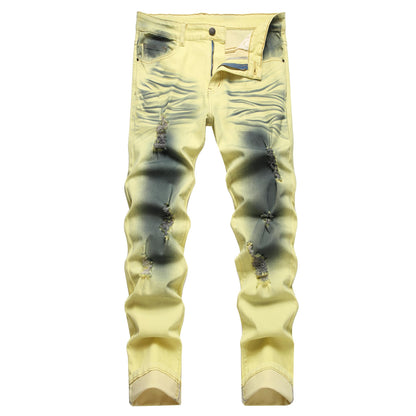 Men's Slim-fit Stretch Denim Jeans Featuring a Ripped Stretch Regular Pants