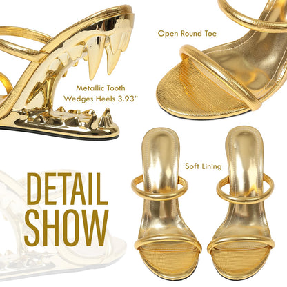 Goiphrri Wedge Sandals for Women Strappy Heels Round Open Toe Heels Metallic Shark Tiger Teeth heeled Sandals Flip Flops Thong Womens Mules Slip on Party Dress Wedding Ceremony