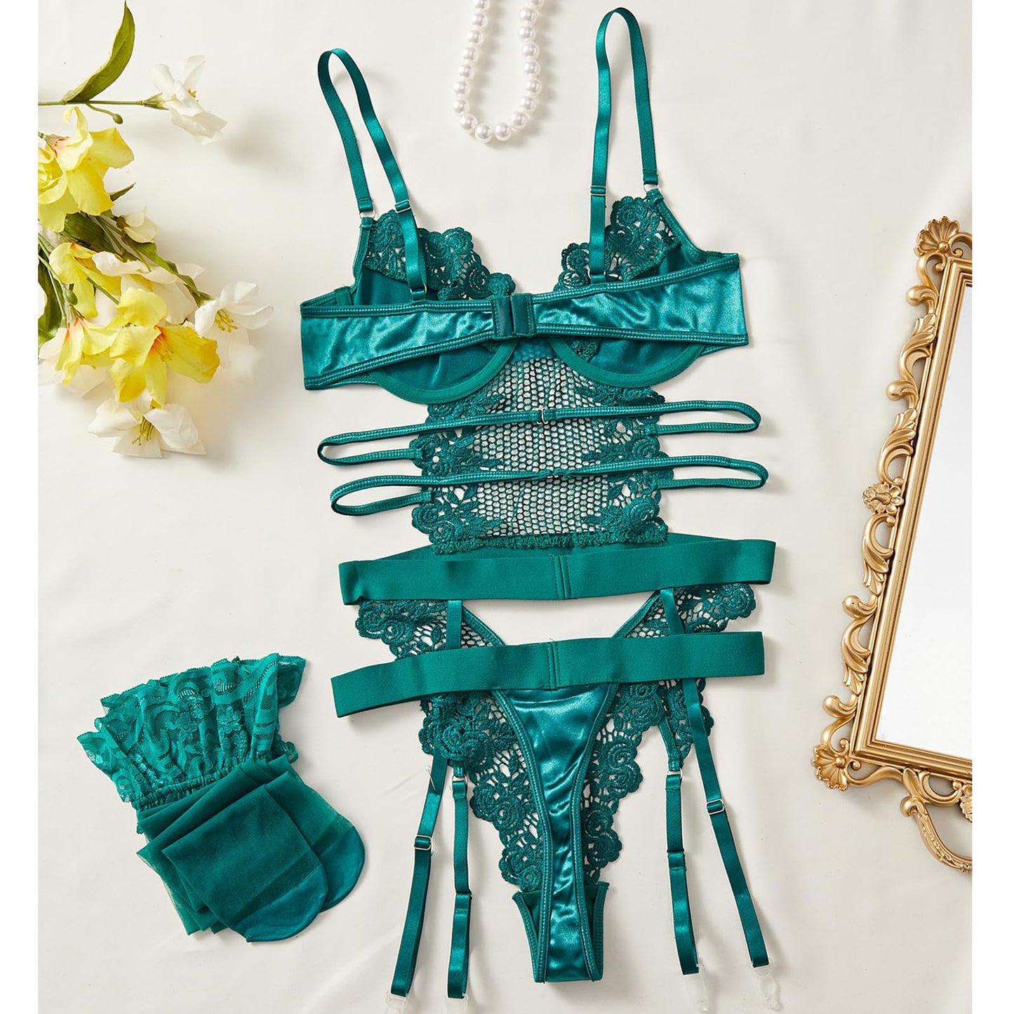 Sexy Lingerie for Women Lingerie Set with Garter Belt Floral Embroidered Lace Bodysuit Teddy Baby Dolls Panty