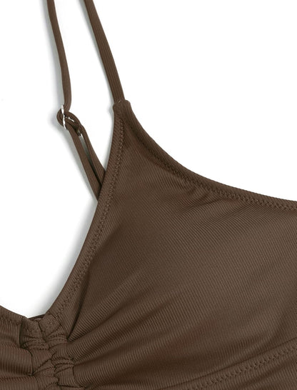 ZAFUL Women V Neck Bikini Set Ruched Tie Front High Waisted Floral Print Ribbed 2 Piece Bathing Suit Swimsuits