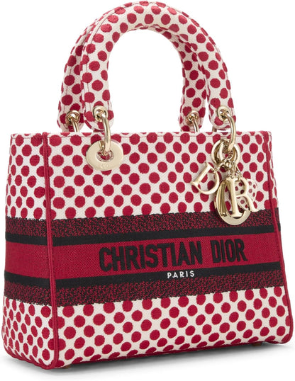 Pre-Loved Red Embroidered Canvas Dioramour Lady D-Lite Medium, Red