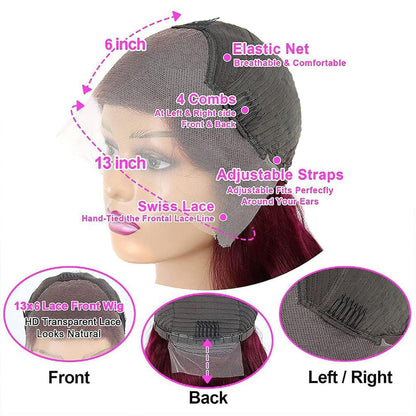 Burgundy Wig Human Hair 28inch 13x6 HD Transparent Lace Straight 99J Red Human Hair Wig Colored Reddish Brown Lace Frontal Wigs 180% Density Pre Plucked