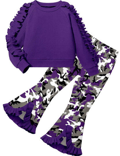 Toddler Girl Clothes Camo Girls Outfits Ruffle Sleeve Tops + Bell Bottom Flared Pants 2 Piece Winter Sweatsuit 2-10T