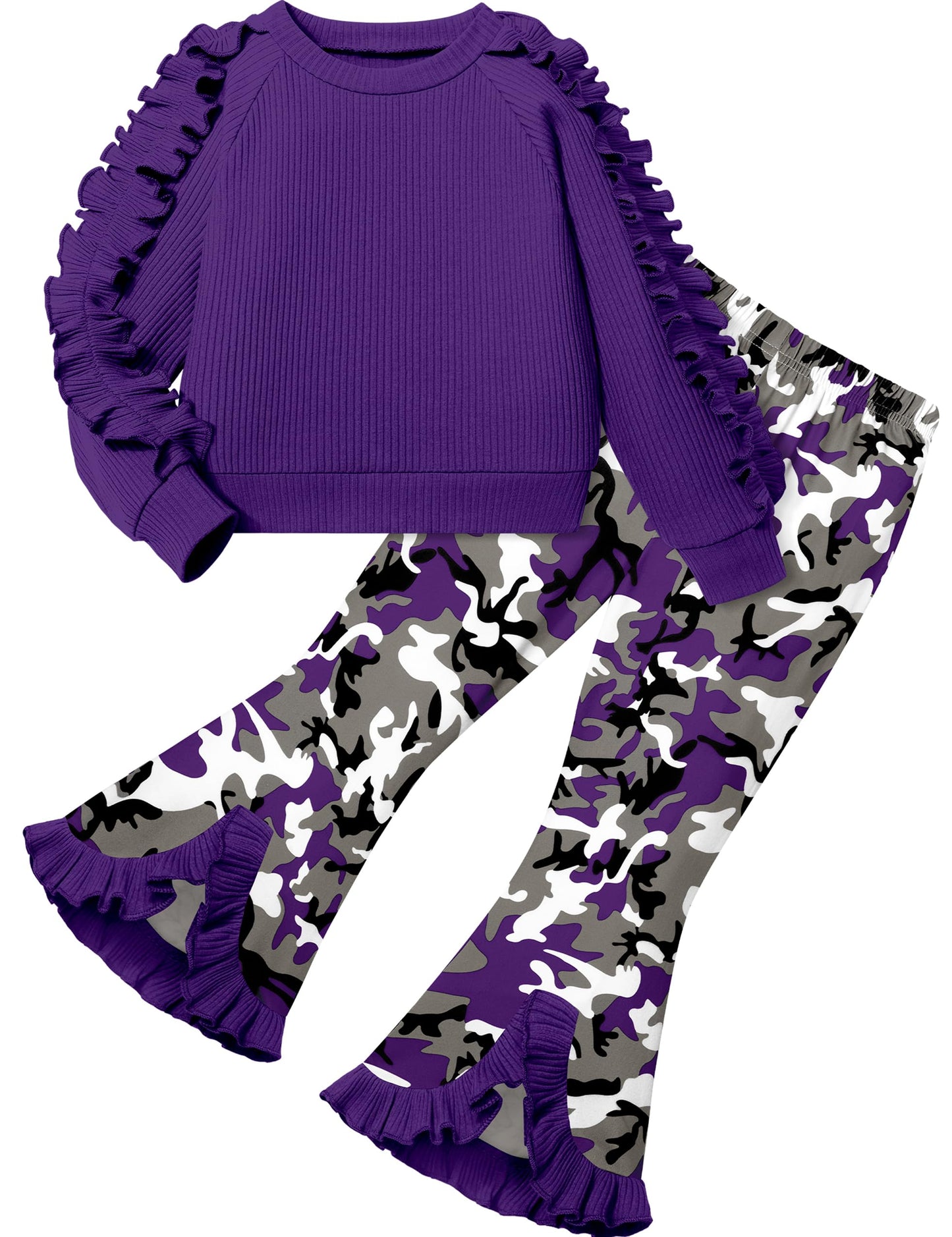Toddler Girl Clothes Camo Girls Outfits Ruffle Sleeve Tops + Bell Bottom Flared Pants 2 Piece Winter Sweatsuit 2-10T