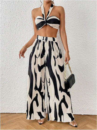 OYOANGLE Women's 2 Piece Outfits Graphic Print Knitted Crop Halter Top and Wide Leg Pants Set
