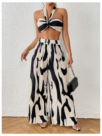 OYOANGLE Women's 2 Piece Outfits Graphic Print Knitted Crop Halter Top and Wide Leg Pants Set