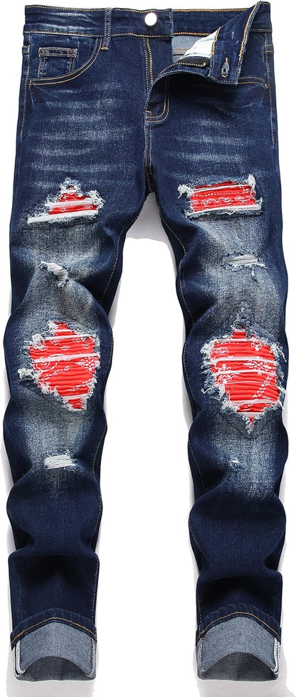 Men's Ripped Patch Elastic Jeans Fashion Slim Fit Regular Denim Pants