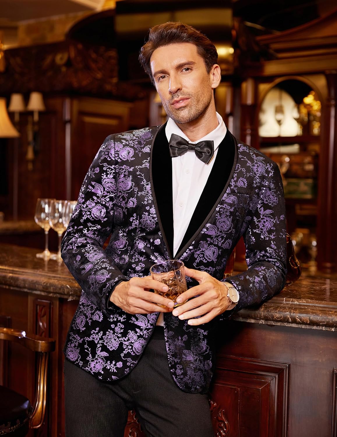 COOFANDY Men's Velvet Tuxedo Floral Blazer Jacket One Button Shawl Lapel Suit Jacket for Dinner Prom Party Wedding