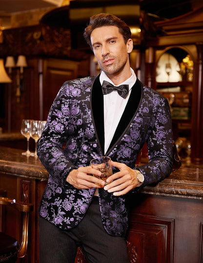 COOFANDY Men's Velvet Tuxedo Floral Blazer Jacket One Button Shawl Lapel Suit Jacket for Dinner Prom Party Wedding