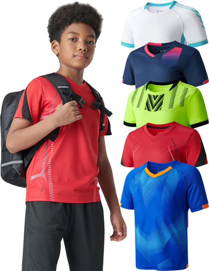 5 Pack Boys Athletic Shirts, Youth Activewear Dry Fit Tshirts for Kids, Short Sleeve Tees, Bulk Athletic Performance Clothing