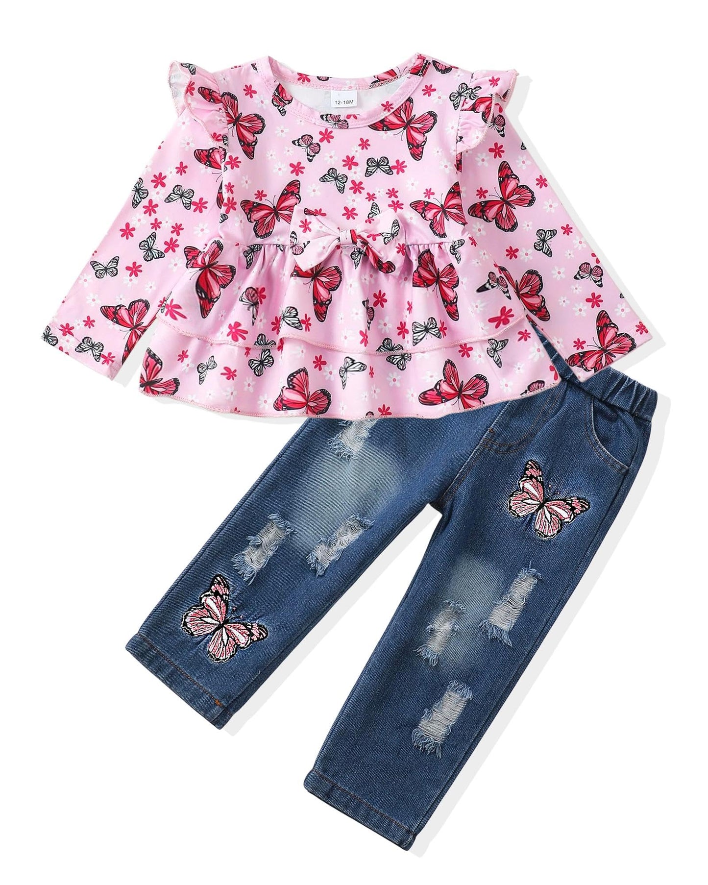 NZRVAWS Baby Girl Clothes Toddler Girl Outfits Infant Ruffle Shirt Denim Ripped Jeans Cute Clothing Set