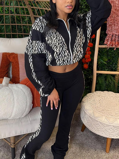 Women 2 Piece Outfit Long Sleeve Zip Up Crop Jacket High Waist Stretchy Pants