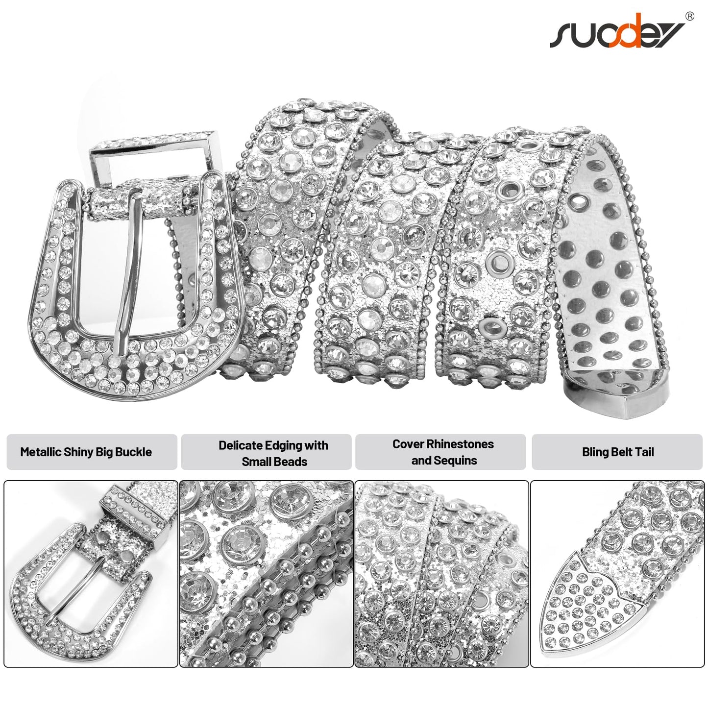 SUOSDEY Rhinestone Belt Unisex Sequin Strap Bling Crystal Western Studs Glitter Luxury Belt for Jeans Pants Dress