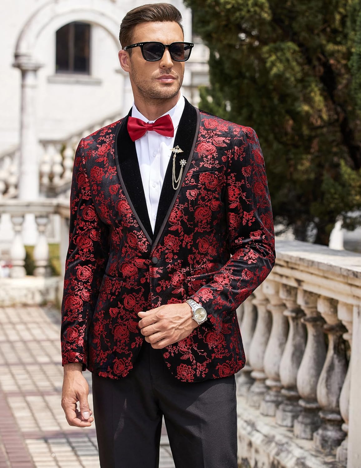 COOFANDY Men's Velvet Tuxedo Floral Blazer Jacket One Button Shawl Lapel Suit Jacket for Dinner Prom Party Wedding