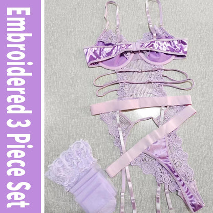 Sexy Lingerie for Women Lingerie Set with Garter Belt Floral Embroidered Lace Bodysuit Teddy Baby Dolls Panty