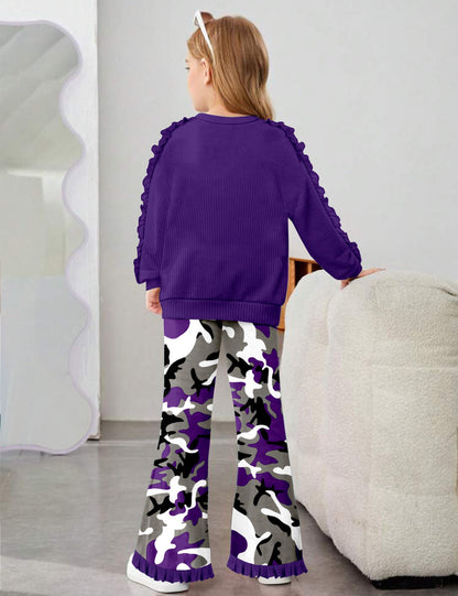 Toddler Girl Clothes Camo Girls Outfits Ruffle Sleeve Tops + Bell Bottom Flared Pants 2 Piece Winter Sweatsuit 2-10T