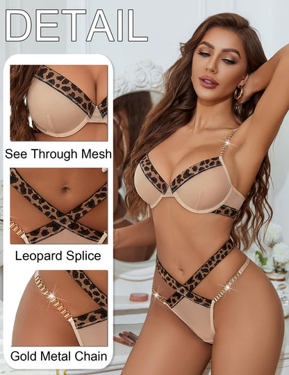 Avidlove Sexy Lingerie Set Mesh See Through Underwire Bra Panty Set Leopard Splice Push Up Lingerie with Chain