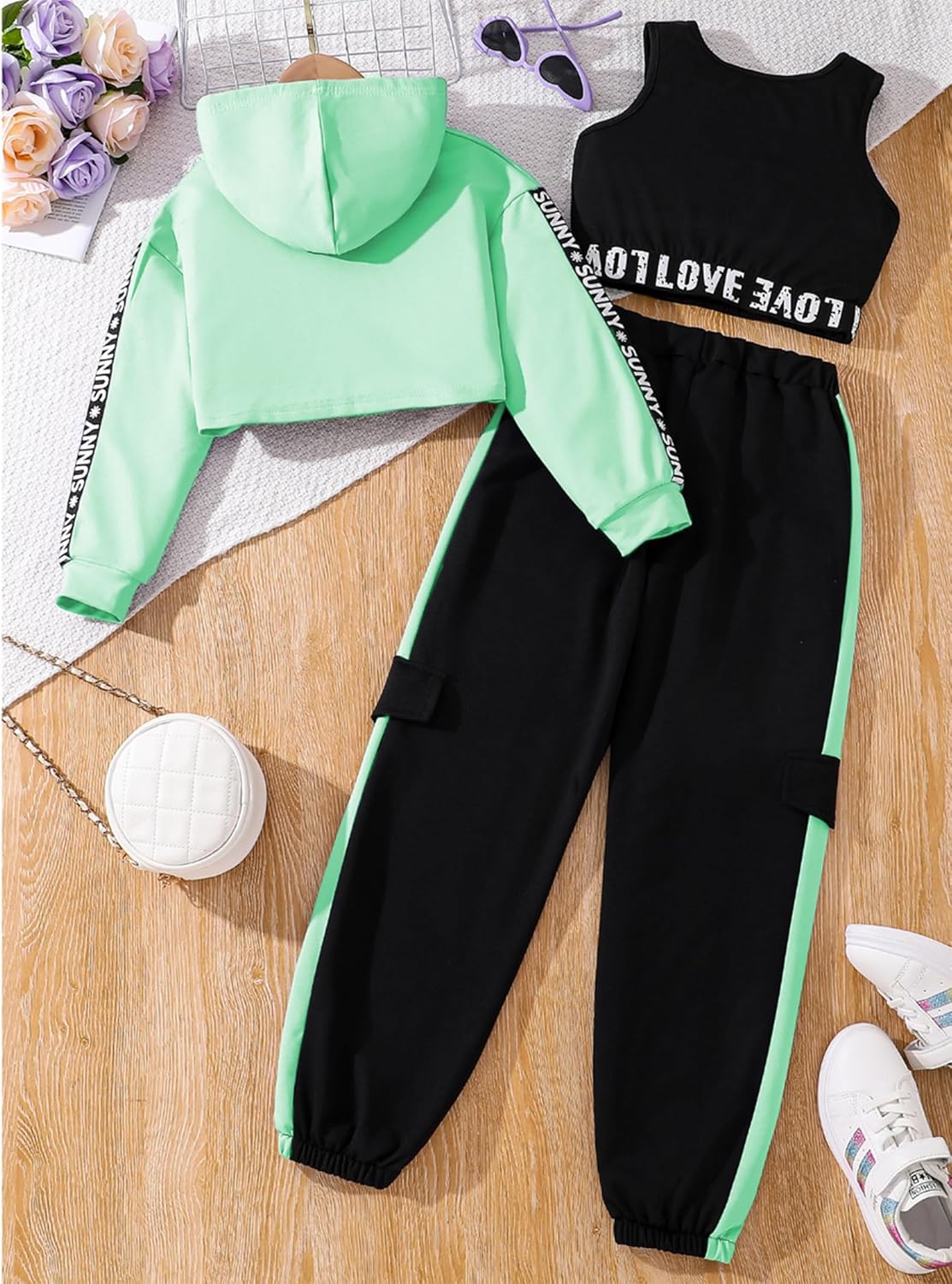 Hilinker Girls Graphic 3 Piece Outfits Workout Crop Hoodie Ribbed Tank and Sweatpants Set