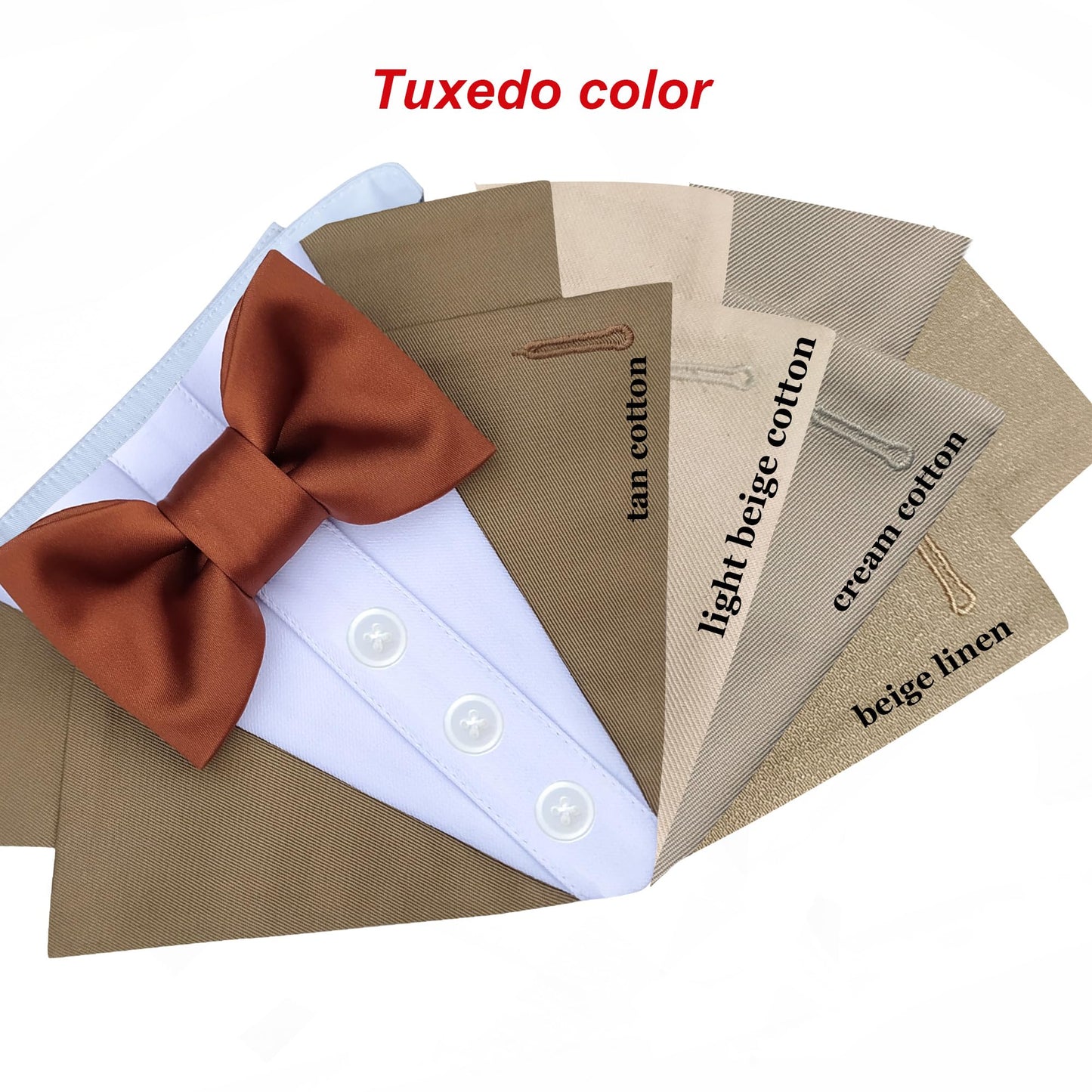 Custom-Fit Dog Tuxedo with Bow Tie & Lapel Uncut Cham Eyelet | Keyhole Fishtail Buttonhole Design | Optional Ring Bearer Clasp | Perfect Outfit for Wedding & Birthday by ACORD EU (Tan)