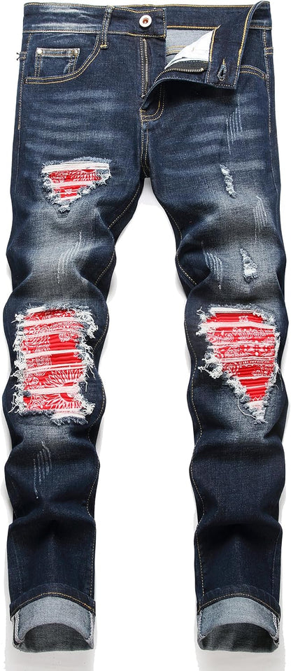 OIIIO Men's Patch Ripped Stretch Regular Fit Jean