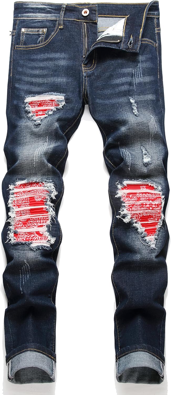 OIIIO Men's Patch Ripped Stretch Regular Fit Jean