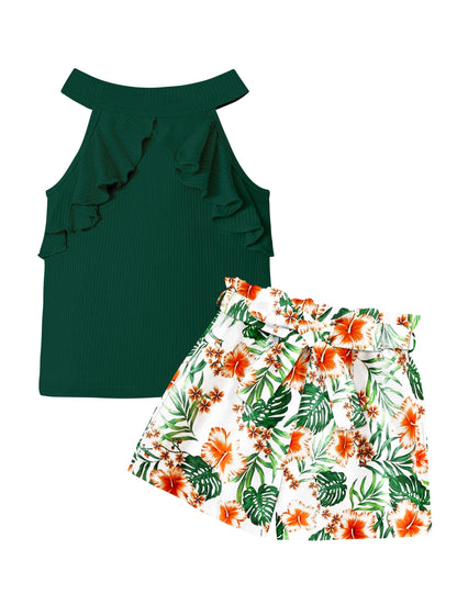 MIGU Girls Clothes Summer Halter Neck Ruffle Sleeveless Top Fashion Cute Floral Belt Shorts Two Piece Outfit Set Size 6-12