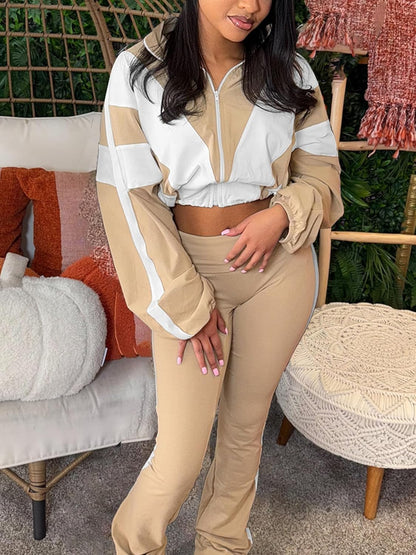 Women 2 Piece Outfit Long Sleeve Zip Up Crop Jacket High Waist Stretchy Pants