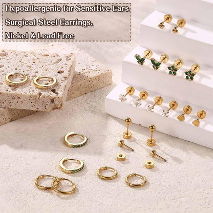 Jstyle Hypoallergenic Surgical Steel Earrings for Sensitive Ears 14K Gold Flat Back Earrings for Women Men Small Stainless Steel Earrings Flatback Stud Hoop Cartilage Earring Set for Multiple Piercing