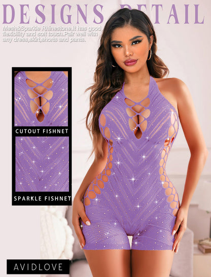 Avidlove Womens Lingeries Fishnet Lingerie for Women Sexy Outfit Fishnet Bodysuit Sparkle Rhinestone Cut Out Romper