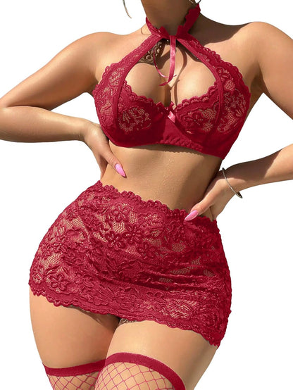 Sexy Cutout Halter Underwire Sheer Mini Skirt Stocking Lingerie Set 4 Piece Outfits