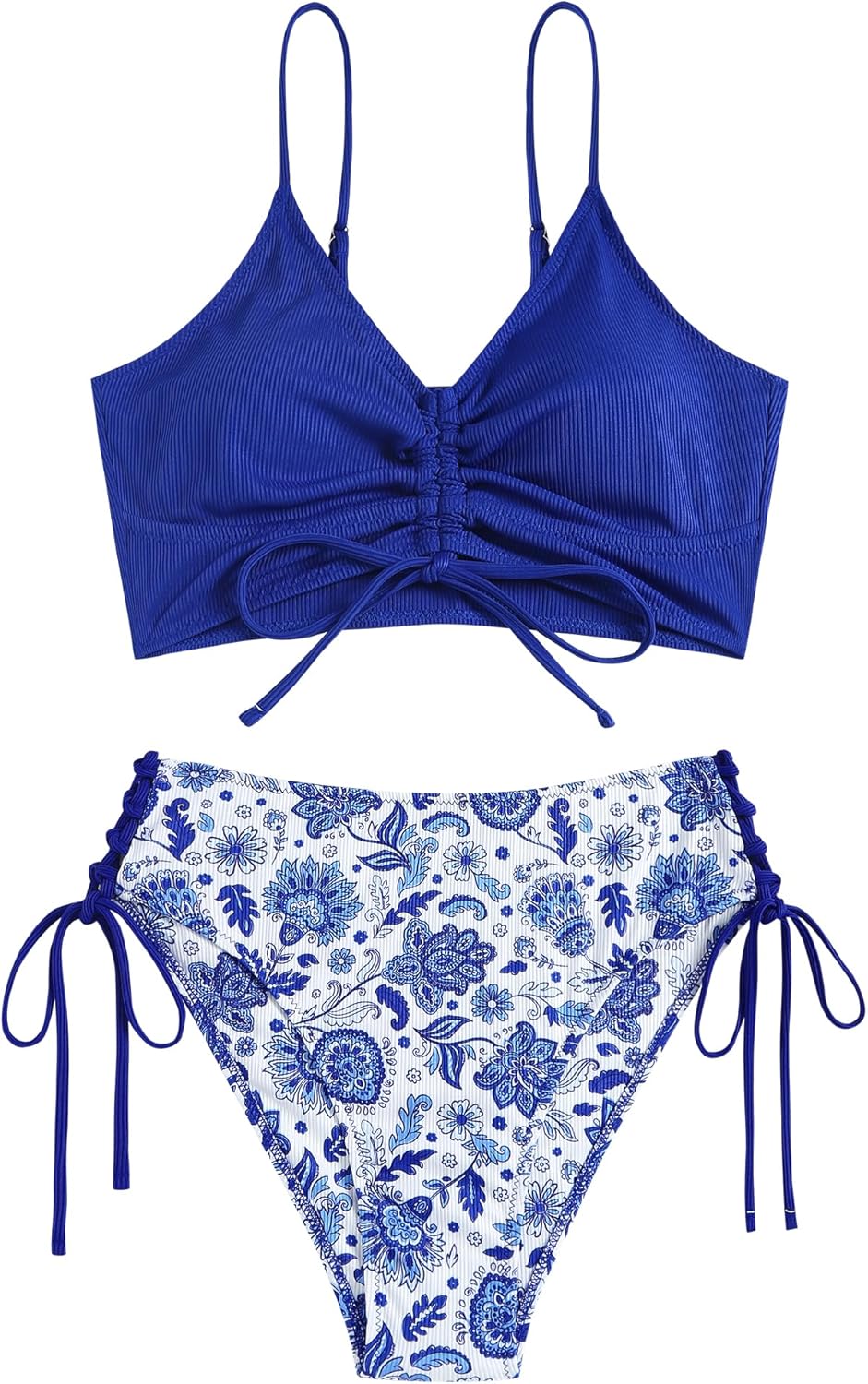 ZAFUL Women V Neck Bikini Set Ruched Tie Front High Waisted Floral Print Ribbed 2 Piece Bathing Suit Swimsuits
