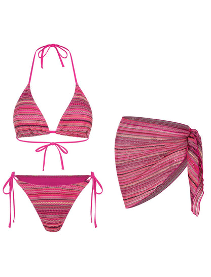 ZAFUL Womens 3pcs Swimsuit Floral Halter Triangle Bikini Top Tie Side Bottom with Long Sheer Cover Up Skirt