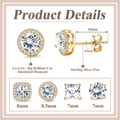 MILACOLATO Cubic Zirconia Stud Earrings for Women Men | 18K Gold Plated Hypoallergenic Sterling Silver Post Earrings | Big Brilliant Simulated Diamond CZ Halo Stud Earrings for Sensitive Ears