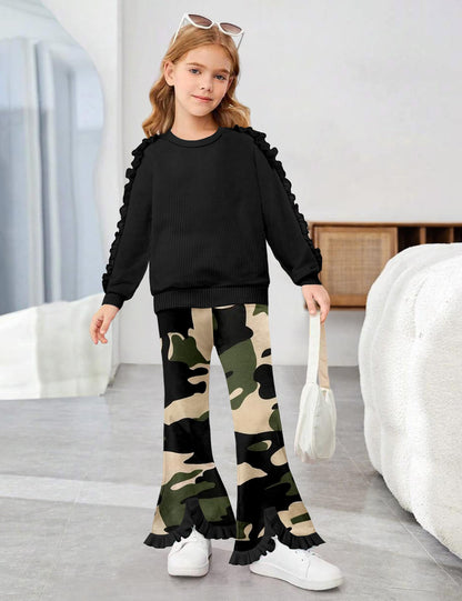Toddler Girl Clothes Camo Girls Outfits Ruffle Sleeve Tops + Bell Bottom Flared Pants 2 Piece Winter Sweatsuit 2-10T
