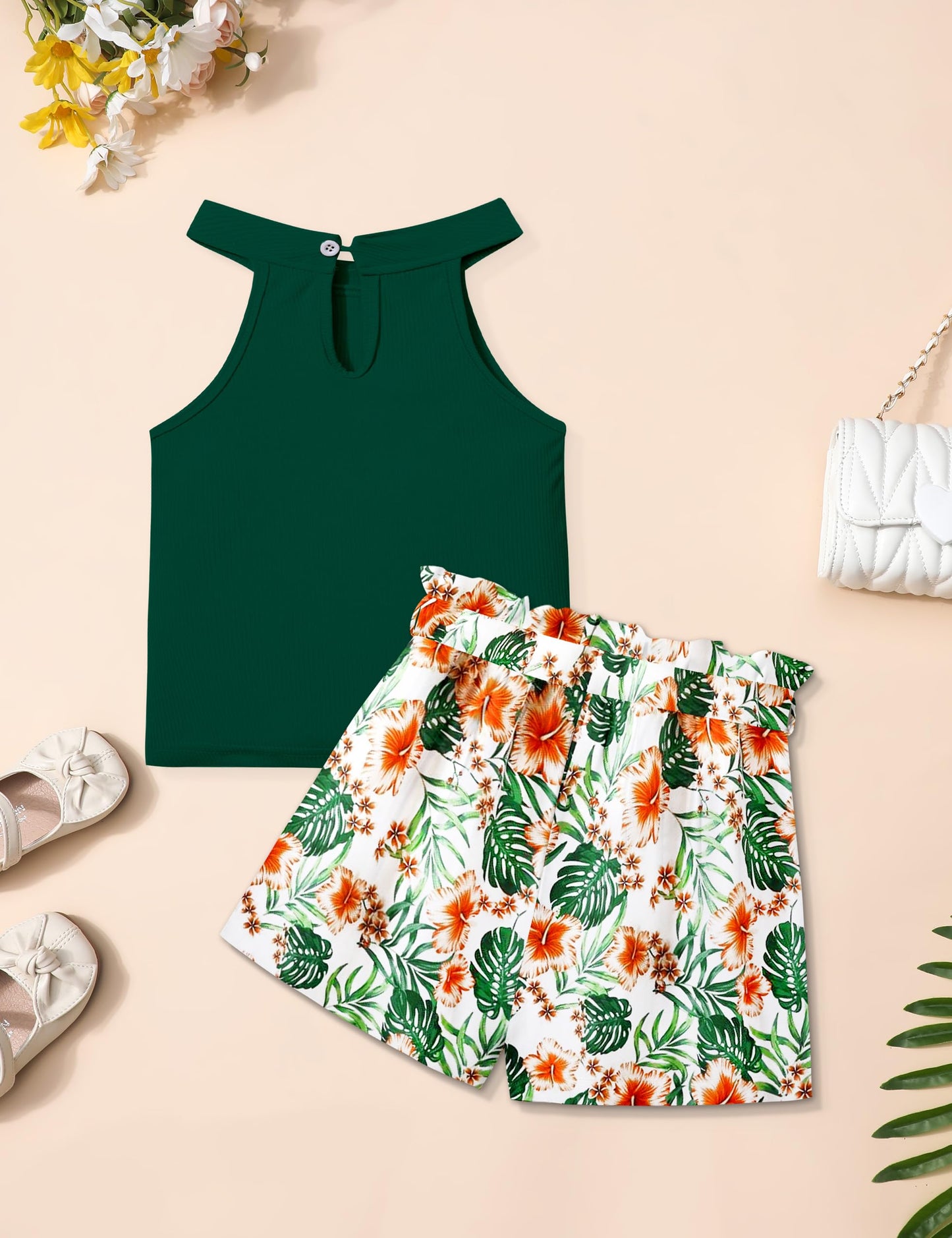 MIGU Girls Clothes Summer Halter Neck Ruffle Sleeveless Top Fashion Cute Floral Belt Shorts Two Piece Outfit Set Size 6-12