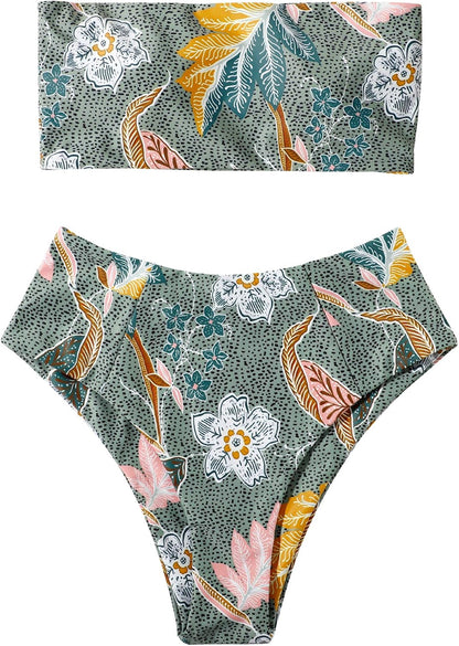 OMKAGI Women Bandeau Bikini Swimsuits Cheeky Off Shoulder Bathing Suit
