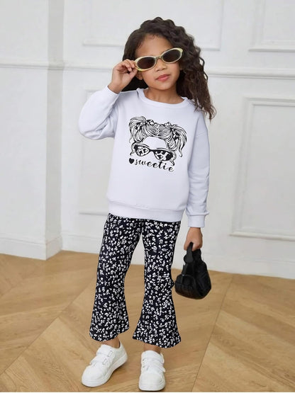 Toddler Girl Clothes Long Sleeve Cartoon & Letter Graphic Top + Fruit Stationery Print Flared Leg Pants