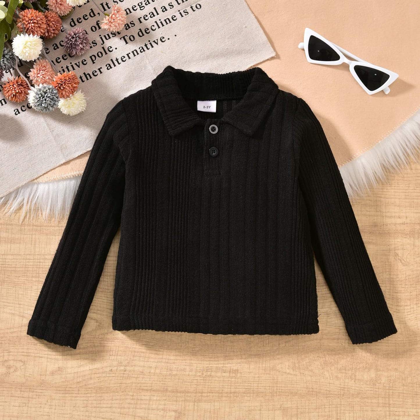 HINTINA Toddler Little Girl Sleeveless Button Vest Ribbed Long Sleeve Collar Top And Pleated Skirt With Belt