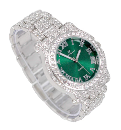 Charles Raymond Bling-ed Out Silver Round Luxury Mens Watch w/Bling-ed Out Bracelet - L0504B