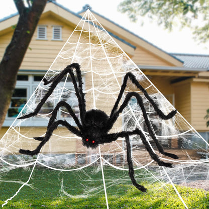 JOYIN Halloween Decoration Outdoor, 59‘’ Giant Spider with Spider Web Outside Decor, Triangular Spiderweb 16.4 x 15.7 ft and Stretchy Cobweb 100g for Yard Haunted House Indoor Decor Supplies