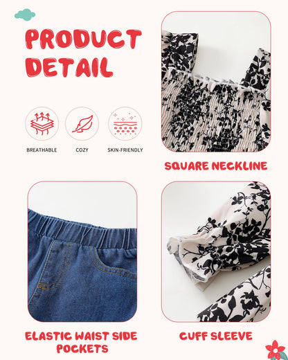 Kucnuzki Toddler Kids Girls Clothes Short Sleeve Shirt Top Flare Denim Jeans 2 Piece Outfits For Girls Cute Clothing Set