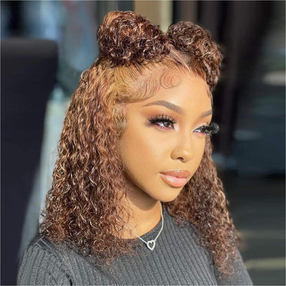 Curly Bob Wig Human Hair Deep Wave 13x4 HD Lace Front Wigs For Black Women Human Hair Pre Plucked Wear And Go Glueless Short Wet And Wavy Ombre Honey Blonde Highlight Color 4/27 14 Inch