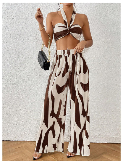 OYOANGLE Women's 2 Piece Outfits Graphic Print Knitted Crop Halter Top and Wide Leg Pants Set