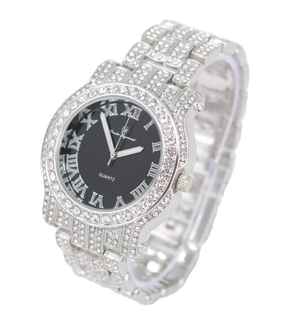 Charles Raymond Bling-ed Out Silver Round Luxury Mens Watch w/Bling-ed Out Bracelet - L0504B