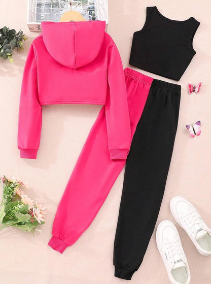 Hilinker Girls Graphic 3 Piece Outfits Workout Crop Hoodie Ribbed Tank and Sweatpants Set