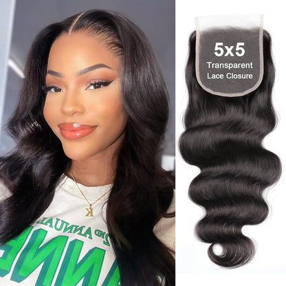 5x5 Transparent HD Lace Closure Body Wave Human Hair Closure Invisible Ultra-thin 5x5 Lace Closure Brazilian Raw Virgin Human Hair Pre Plucked Natural Black 16 Inch